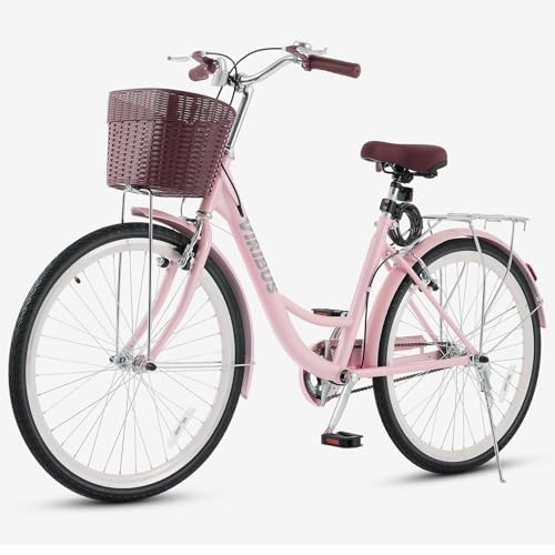 VIRIBUS Beach Cruiser Bike for Women, 26 inch Womens Bike with Basket & Rack 1 Speed, Retro Step Through Cruiser Bicycle for Petite Short Women Female Ladies City Commuter, Pink, 330 lb.