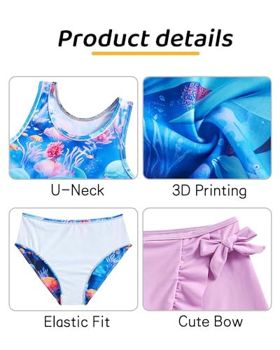 Image of Girls Swimsuit 3 Piece Bathing Suit Quick Dry Tankini Set with Cover Up Beach Skirt Tankini Swimwear 5-16 Years