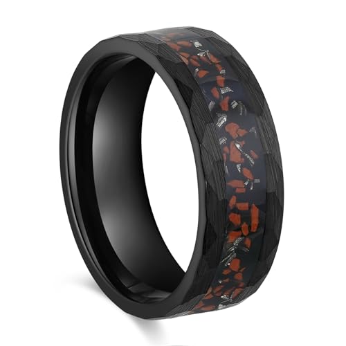 Men's Wedding Ring 8mm Black Hammered Tungsten Dinosaur Bones & Meteorite Inlay – Comfort Fit Mens Wedding Band with Antique Wooden Ring Box