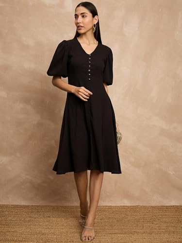 Image of Amazon Brand - INKAST Women A-Line Midi Dress | Puff Sleeves | Perfect for Casual and Semi-Formal Occasions