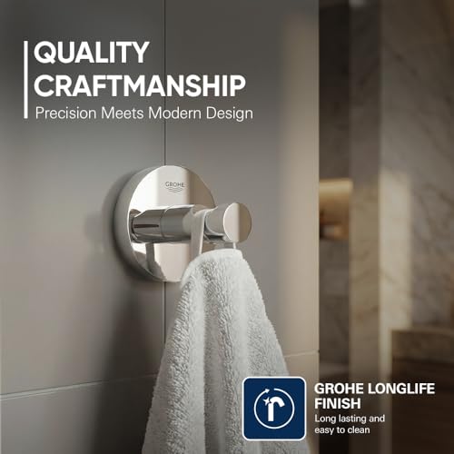 Image of GROHE Essentials Multi-Purpose Robe Hook | Wall Mounted | Robe Hanger /Bathroom Cloth LongLife Finish | Bathroom Accessories | Metal Construction | 2 Year Warranty | Chrome Finish | 40364001