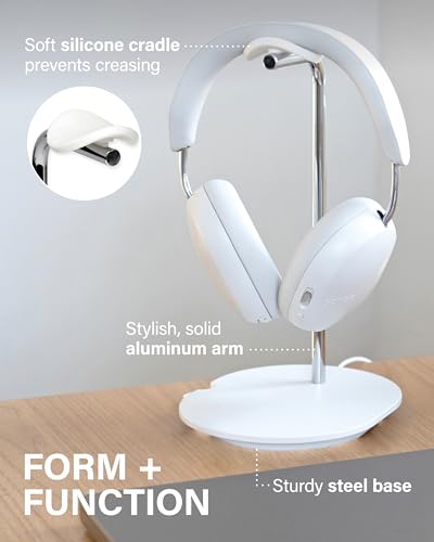 Image of Sanus Sonos Ace Headphones Stand - Premium Stand w /Silicone Cradle Prevents Creasing & Built-in Cable Management w /Magnetic Clip for Fast Charging - Tool-Free Setup - White Sonos Headphones Holder