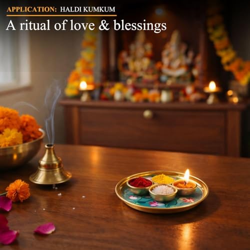 Image of Klassic 8 Inch Handcrafted Brass Thali /Aarti Plate | Lotus Design, Beautifully Embossed Colorful Decorative Plate for Puja /Worship, Aarti, Karwa Chauth, Navratri, Diwali Gifts | (Pack of 1)