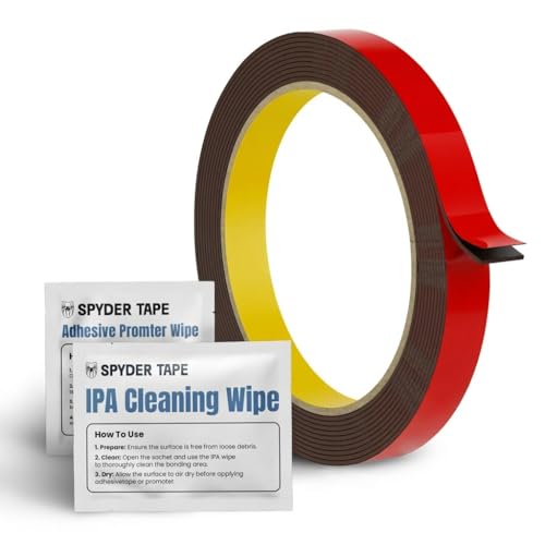5952 Heavy Duty Double Sided Foam Tape - Industrial Strength Mounting Tape for Metal Plastic & Painted Surfaces - High Bond Waterproof Acrylic Adhesive 12mm x 3m with IPA & Adhesion Promoter Wipes