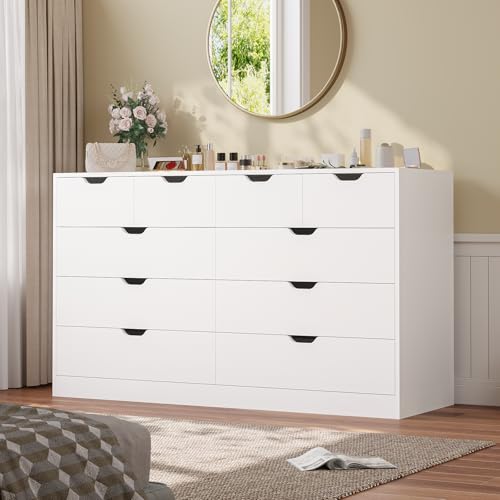 HAUOMS Modern 10 Drawer Dresser, White Large Chest of Drawers for Bedroom,Long Dressers with Drawers...