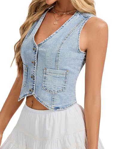 Genhoo Denim Vest Sleeveless Jean Vest Top for Women V Neck Button Down Cropped Denim Top with Pockets4