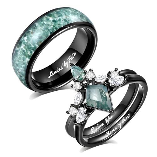 Moss Agate Wedding Ring Set - Moss Agate Ring for Woman - Unique Couple Rings - Custom Promise Ring for Her - 2 Pc Woman's Matching Rings