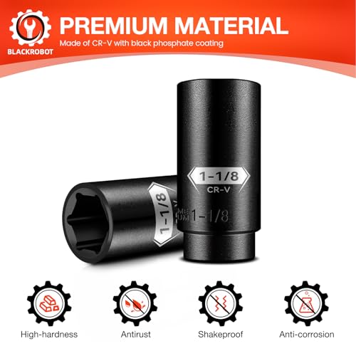 Image of BLACKROBOT 1 /2 Inch Drive 6-Point Deep Socket, 1-1 /8 inch Deep Impact Socket, CR-V Steel