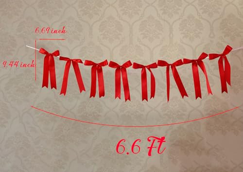 Image of Red Bow Garland Banner for Bachelorette Decorations, Coquette Birthday Wall Decor, Bow Party Decor Banner for Bridal Shower, Wedding Favors, Party Supplies, Engagement Supplies (Hot Red)