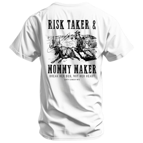 Combat Iron Mens Graphic T-Shirt Risk Taker Mommy Maker - Athletic Fit Tee Pre-Shrunk Cotton Poly Blend Soft Comfortable Everyday Shirt - White Large