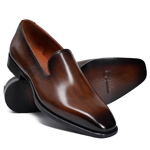 Image of Men's Genuine Leather Loafers Hand-Dyed Leather Sole Slip-On Dress Shoes
