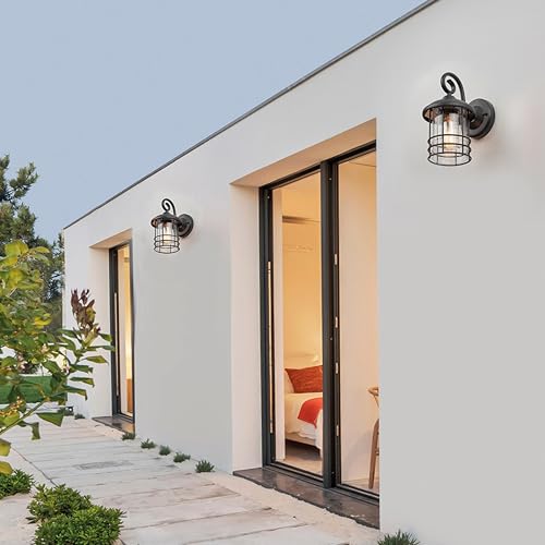 Image of MICSIU Narrow 5.5 inch Wide Black Single Porch Light, 9.8 inch H Modern Farmhouse | Seedy Glass Outside Fixture, Vintage Round Outdoor Wall Sconce For Small Sidelight, Front Door, Garage