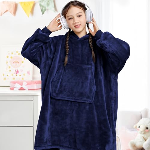 Image of Waitu Wearable Blanket for Kids, Wearable Blanket Hoodie for Teens Girls Boys, Warm Blanket Sweatshirt Gift for Teenage, Hoodie Blanket with Sleeves - Navy