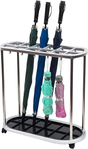 LBLFEBD Soporte para paraguas de metal rodante, soporte para paraguas grande de 12 ranuras con 10 ganchos y bandeja de goteo, para oficina, hotel, centro comercial, negocios