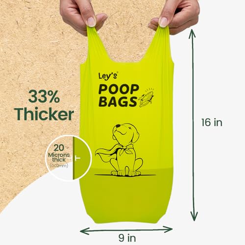 Image of Ley's Compostable Dog Poop Bags, Plant-Based Biodegradable Doggie Waste Bags with Easy Tie Handles, Unscented, Vegetable-Based, Dog Bags Refill Rolls with Dispenser and Leash Clip
