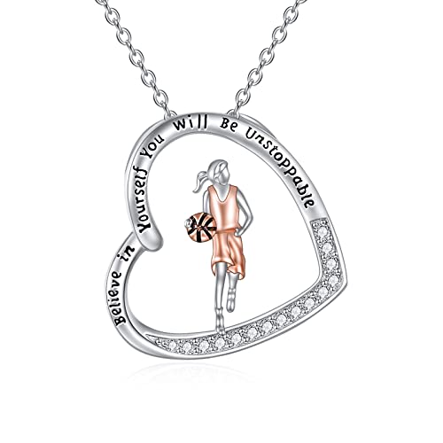 YFN Basketball Jewelry Gifts Sterling Silver Heart Basketball Pendant Necklace for Women Sports Lovers