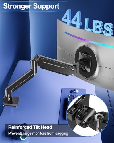 Image of MOUNT PRO Heavy Duty Monitor Arm for Max 49 Inch Ultrawide Screens up to 44 lbs, Aluminum Premium Single Monitor Mount for Samsung Odyssey G9 and More, Adjustable Display Desk Stand, VESA 100x100mm