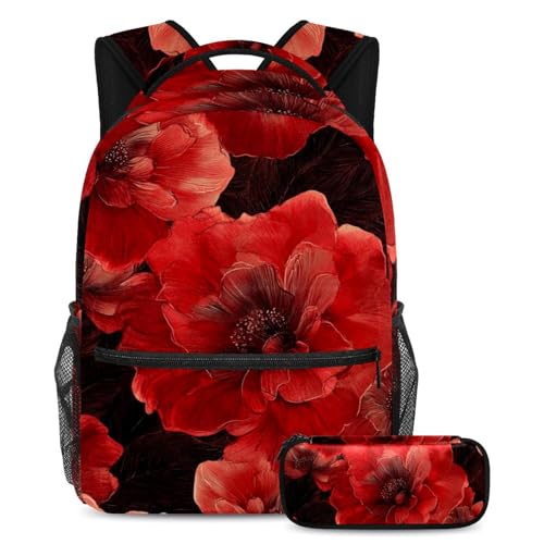 Sac à dos floral rouge scolaire avec trousse assortie pour adolescents fille et garçon