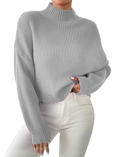 Image of Libsorge Women's Cute Turtleneck Crop Sweaters Spring 2025 Ladies Dressy Casual Lightweight Cozy Ribbed Knit Solid Long Sleeve Ultra Cropped Pullover Sweater Grey L