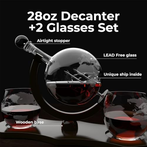 Chef's Star Whiskey Decanter Set for Men- Etched Globe Decanter Set with 2 Glasses, for Whiskey, Bourbon, Whiskey Stones, Liquor Gift Set, 850ml (28 oz)
