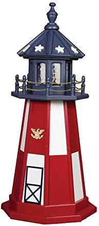 Amish-Made Red, White and Blue Poly Outdoor Cape Henry Replica Lighthouse with LED Solar Light, 33" Tall