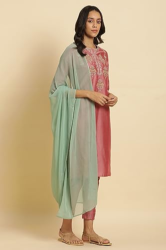Image of W for Woman Women Polyester Aqua Green Chiffon Dupatta With Gold Mukaish, Free Size