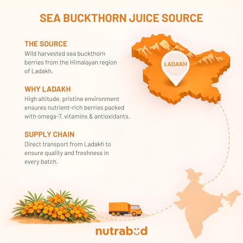 Image of Nutrabud Organics Himalayan Sea Buckthorn Berry Juice - 500 ml - Natural Source of Vitamin C, Omega 3 6 7 9, Antioxidants For Immunity, Skin Glow & Gut Health - 50 Glasses (500ml (Pack of 1))