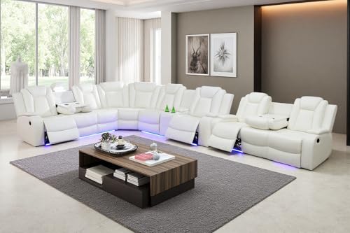 Image of Power Leather Recliner Sectional Sofa Set with LED Lights, Living Room Furniture Sets, L Shaped Reclining Sectional Couch and 3 Seats Sofa,Leather Couch with Coffee Table /Storage for Living Room