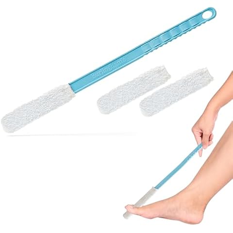 Burlingham's Toe and Foot Towel Brush with Reusable Drying Covers Long 17” Handle for Cleaning Between Toes, Soft Skin Exfoliation,for Seniors, Adults, Kids (Toe Towel Brush + 3 Covers) Cover