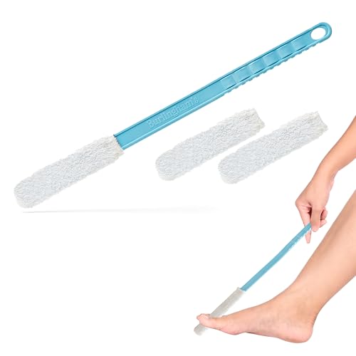 Burlinghams Toe and Foot Towel Brush with Reusable Drying Covers Long 17 Handle for Cleaning Between Toes Soft Skin Exfoliation for Seniors Adults Kids (Toe Towel Brush + 3 Covers)