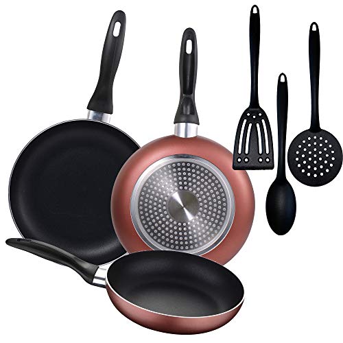 Renberg Paradise Set 3 sartenes 16/20/24 cm Aluminio prensado, inducción + Juego 3 Utensilios de Cocina Nylon Negro
