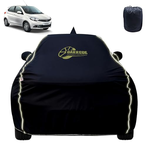 Image of Reflector Waterproof Car Cover for Tiago with Mirror & Front Antenna Pocket | All Weather Protection | Washable Fabric | Black Color