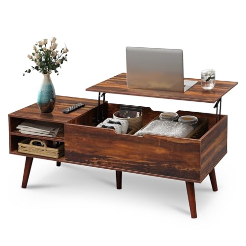 Image of WLIVE Coffee Table, 47 inch Lift Top Coffee Tables with Adjustable Storage Shelf and Hidden Compartment, Lift Tabletop Dining Table for Living Room, Rustic Oak