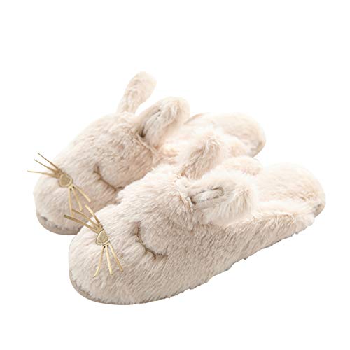 Byjia Pantoffeln Für Damen, Gedächtnisschaum Warmer Plüsch Hase Haus Gemütliche Schuhe Für Indoor Outdoor,Beige,UK7~840~41250mm