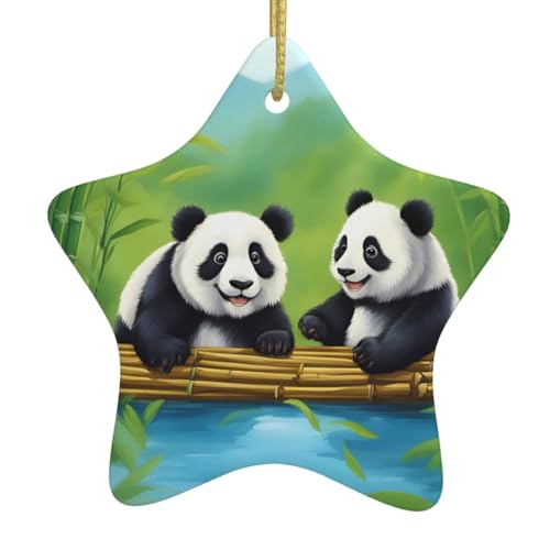 Adornos de cerámica con elegantes estampados de dos bonitos pandas, adecuados para el hogar y la tienda de decoraciones navideñas