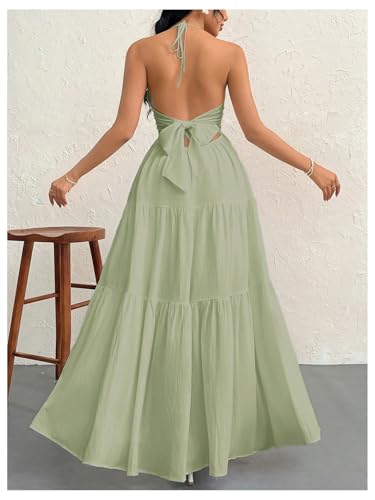 Image of SHENHE Women's Deep V Neck Tie Knot Backless Halter Dress A Line Flowy Ruffle Maxi Dress