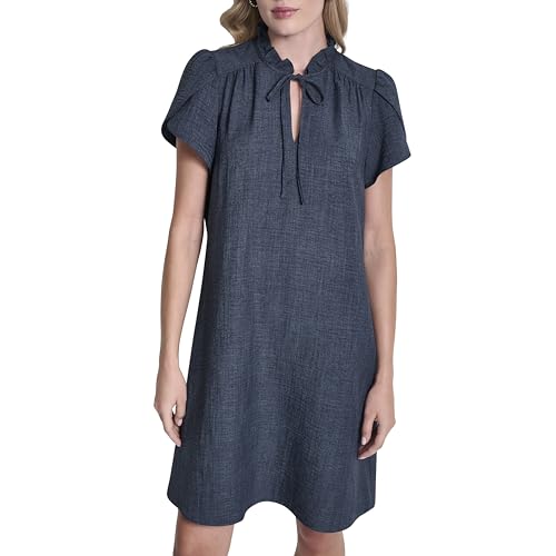 Image of DKNY Women's Front Tie Ruffle Neckline Trapeze Dress