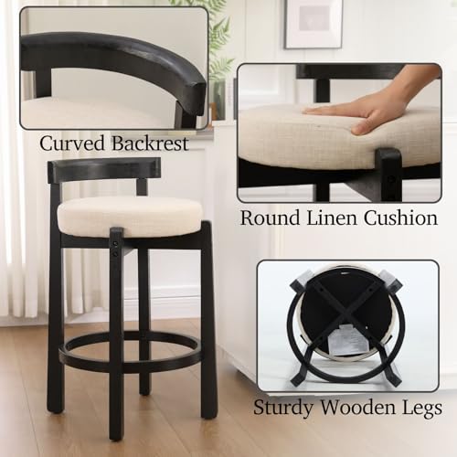 Image of LukeAlon Mid Century Linen Counter Stools Set of 6, Upholstered 26.5 inch Seat Height Low Barstools with Black Wood Legs Round Low Back Kitchen Stools with Footrest for Dining Room Restaurant, Beige