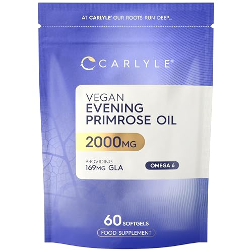 Vegan Evening Primrose Oil 2000mg with Vitamin B6 & E | Providing High Strength 180mg GLA (Omega-6) | 60 Vegan Softgels | by Carlyle