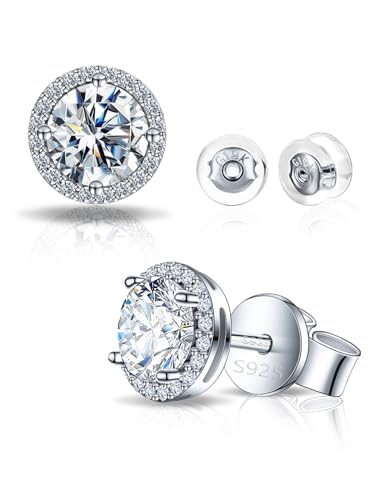 SAYATA Moissanite Halo Stud Earrings for Women & Men, Hypoallergenic 925 Sterling Silver Stud Earrings, 1.0-2.0ct