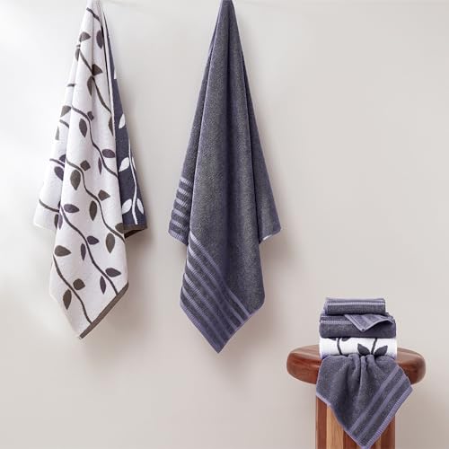 Image of Modern Threads 6 Piece Bath Towel Set - Bathroom Set with 2 Bath Towels, 2 Hand Towels, and 2 Wash Cloths - 100% Cotton, Super Absorbent & Extra Soft - Reversible Natural Vine (Purple)
