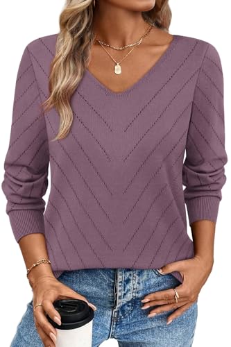 WIHOLL Sweaters for Women V Neck Casual Knit Long Sleeve Tops Lightweight Pullover Clothes Fall Fashion Outfits 20252