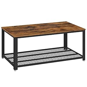 VASAGLE Table Basse, Meuble de Salon 2 Niveaux, avec Étagère Grillagée, Meuble TV, Cadre en Métallique, Pieds Réglables, pour Salon, Style Industriel, Marron Rustique et Noir LCT61X