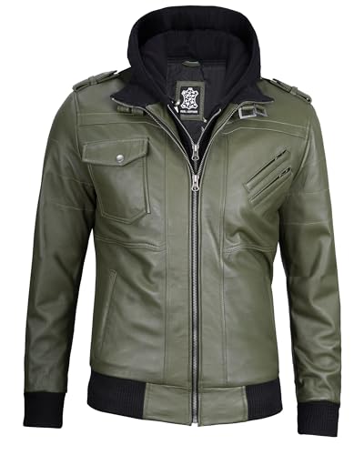 Image of Decrum Mens Leather Jacket - Detachable Hood Stylish Real Lambskin Leather Bomber Jacket Men