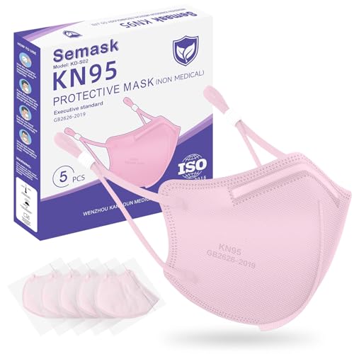 Semask KN95 Adjustable Face Masks 5 Pack Individually Wrapped Adult Masks with Adjustable Ear Loops & Anti-Fog Nose Pad Pink