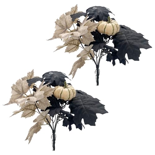 BEIJIALY 2 Pcs DIY Fall Decor Halloween Decor Maple Leaves Stems, Artificial Halloween Picks with Pumpkin, Halloween Branches for Party and Holiday Decor Black Orange Maple Leaves(White)