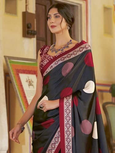 Image of SAREE MALL Women's Ajrkh Print Satin Crepe Polka Dot Printed Saree With Unstitched Blouse Piece