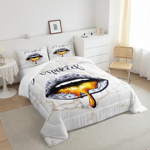 Image of Feelyou US Dollars Sexy Lips Bedding Set King Size, Get Naked Lips Comforter Set for Kids Golden Marble Comforter Boys Girls Funny Get Naked Duvet Set Bed Set 3Pcs
