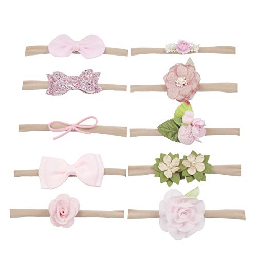 ZEVONDA Diademas para Bebés Niñas de 10 Piezas - Flores de Nylon Lazos Accesorios para Bandas para Cabello Tocado Floral Diadema para Cabeza para Recién Nacidos, Rosa Cover