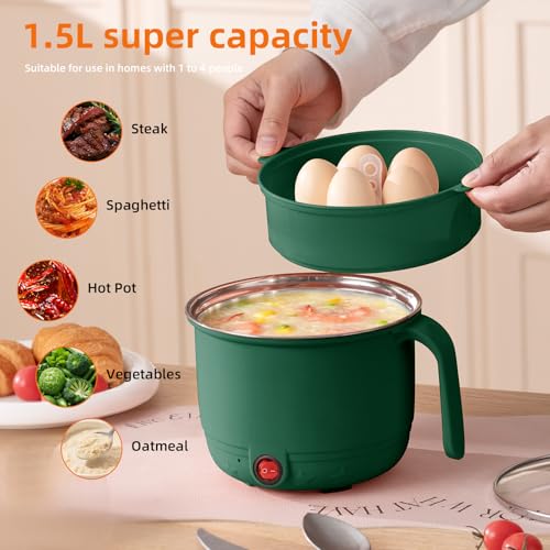 Image of Electric Cooking Pot with Steamer 1.5L | Multi-Function Mini Cooker | Non-Stick Inner | Travel Friendly Kitchen Appliance (Green, With Steamer)